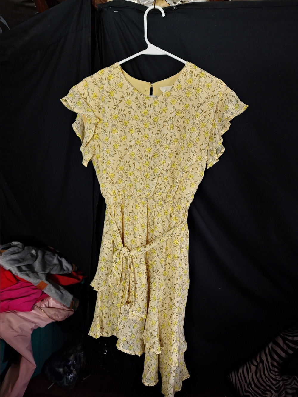 Floral Tie-Waist Yellow Mini Dress with Ruffle Sleeves